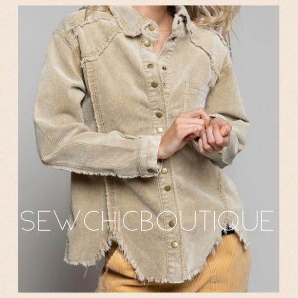 Distressed Corduroy Beige Button Down - Picture 2 of 5